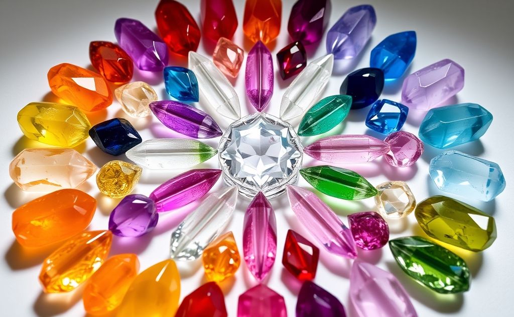 A vibrant crystal grid arranged in a harmonious circular pattern.