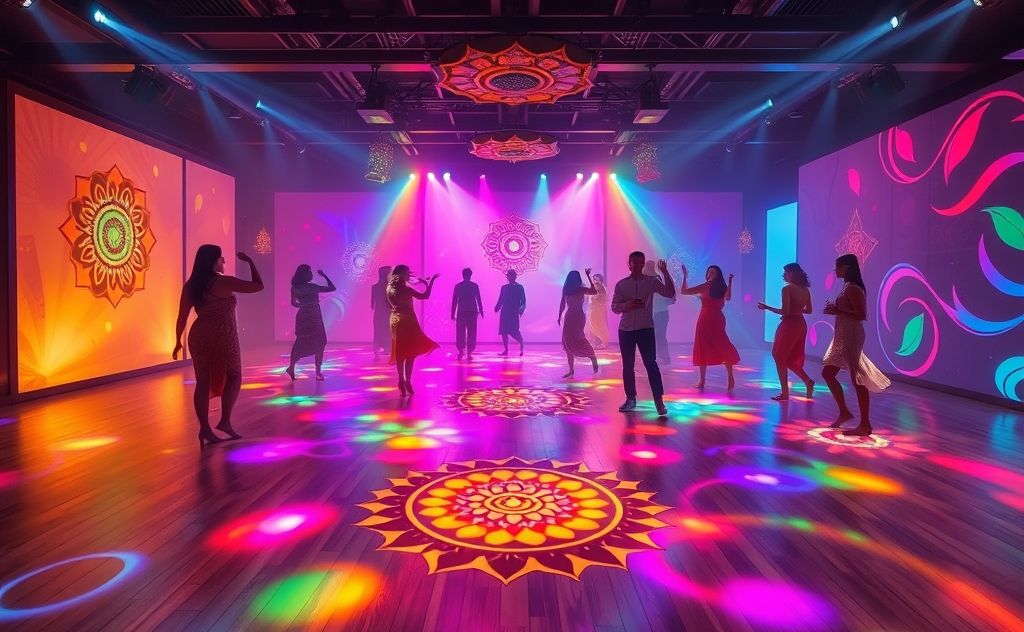 A vibrant dance floor with colorful chakra symbols and flowing movements.