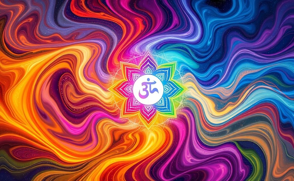 A vibrant depiction of swirling energy around colorful chakra symbols.