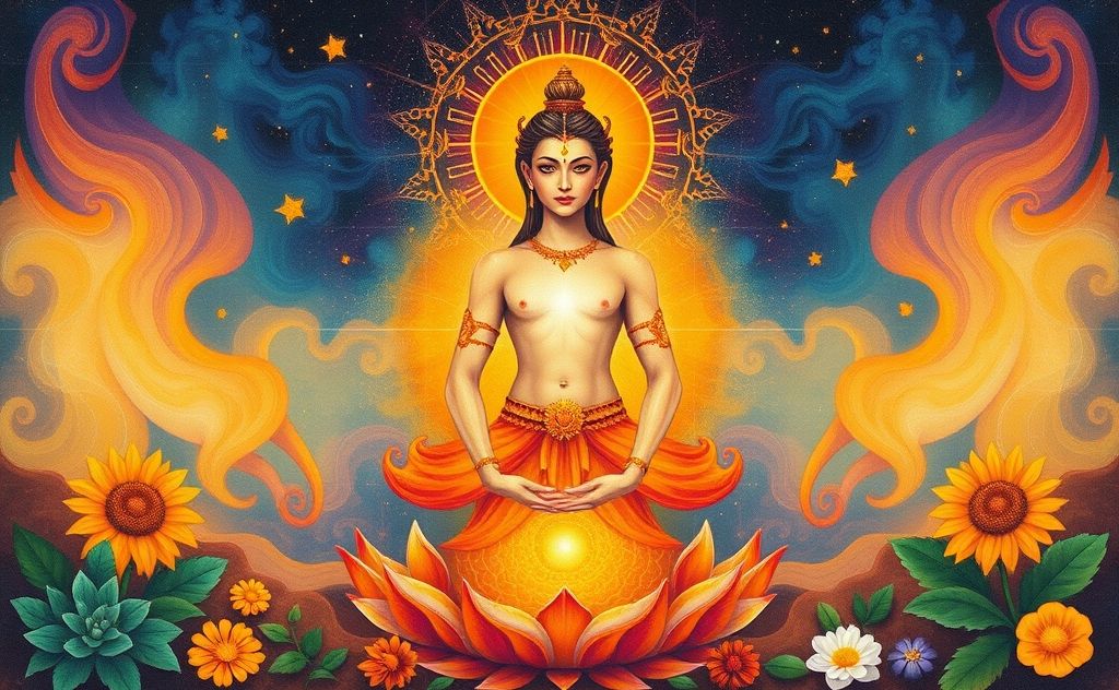 A vibrant depiction of the sacral chakra surrounded by nourishing elements.