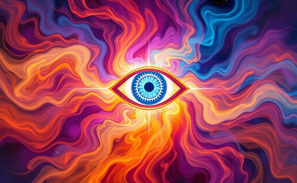 A vibrant depiction of the third eye chakra with swirling energy.