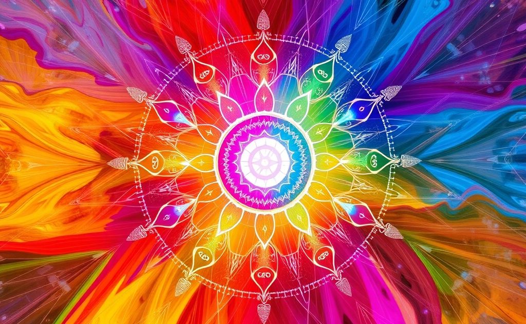 A vibrant diagram of energy centers in a colorful abstract design.