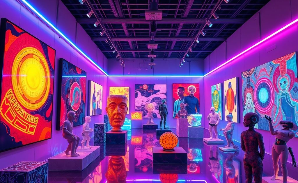 A vibrant digital art scene showcasing various AI-generated artworks.
