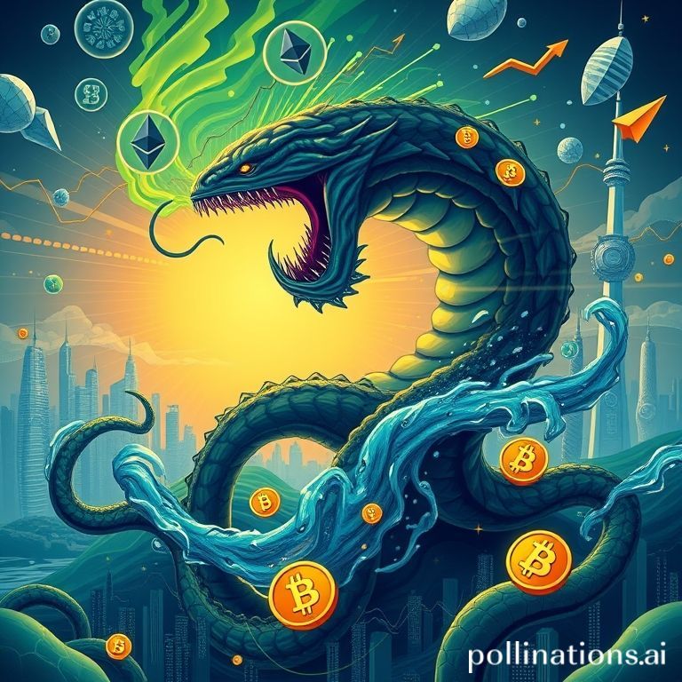 An artistic rendition of Kraken's journey to IPO, with digital tentacles representing growth amidst crypto and financial markets.