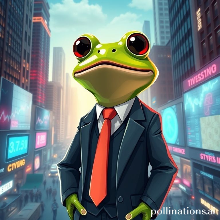 A cartoon frog in a suit on Wall Street, representing Wall Street Pepe (WEPE) crypto, amidst financial charts and symbols.