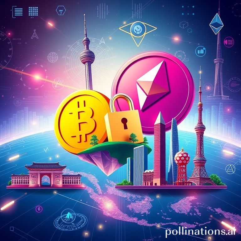 Ilustrasi digital yang menggambarkan pertumbuhan dan regulasi kripto di Asia, dengan landmark ikonik dan simbol teknologi keuangan.