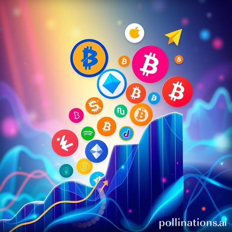 A dynamic digital illustration shows cryptocurrency logos, market graphs, and financial data, symbolizing explosive growth and new investment opportunities.