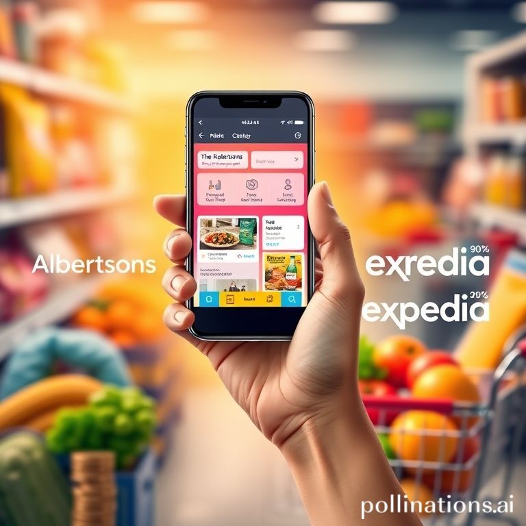 Smartphone showing Expedia travel booking within Albertsons' 'for U' loyalty app, with groceries and cash back icons.