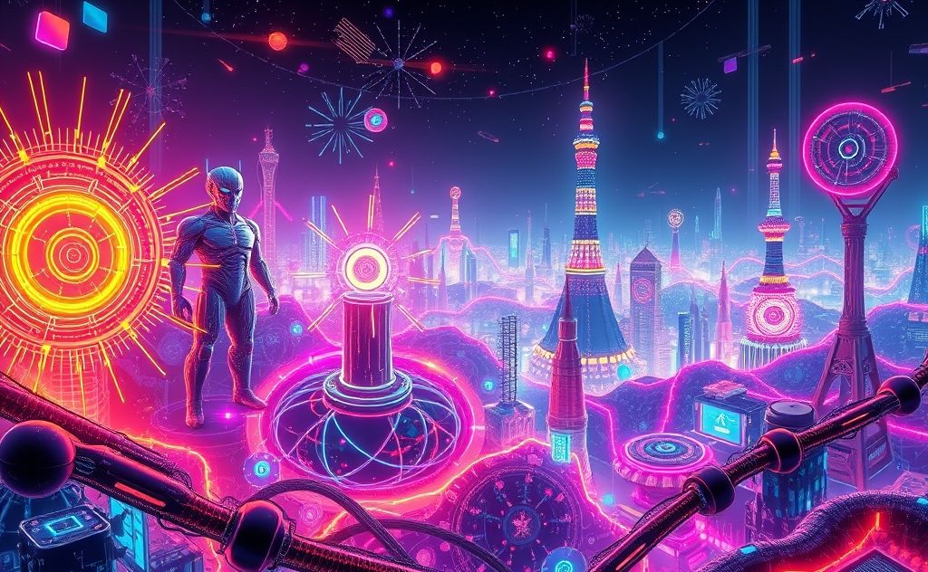 A vibrant digital landscape featuring abstract AI elements and creativity.