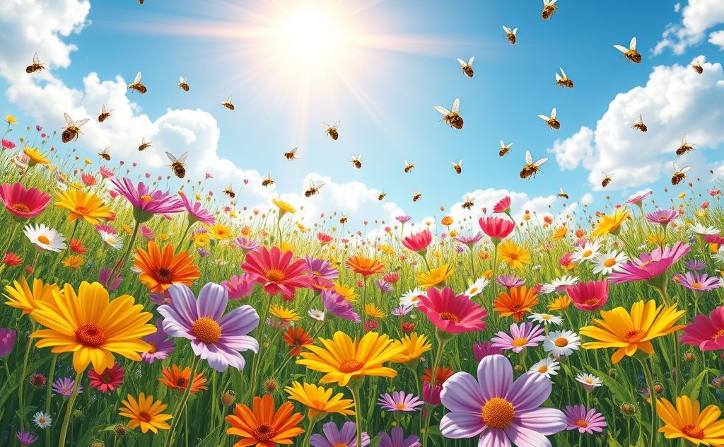 A vibrant digital landscape showcasing a variety of flowers and bees.