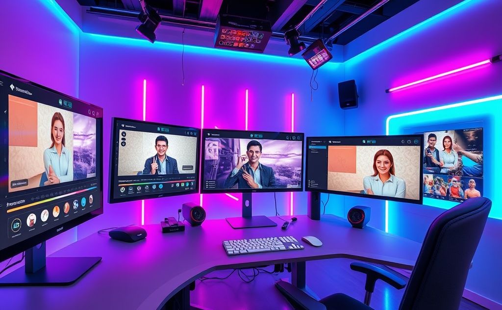 A vibrant digital workspace showcasing AI photo editing tools.