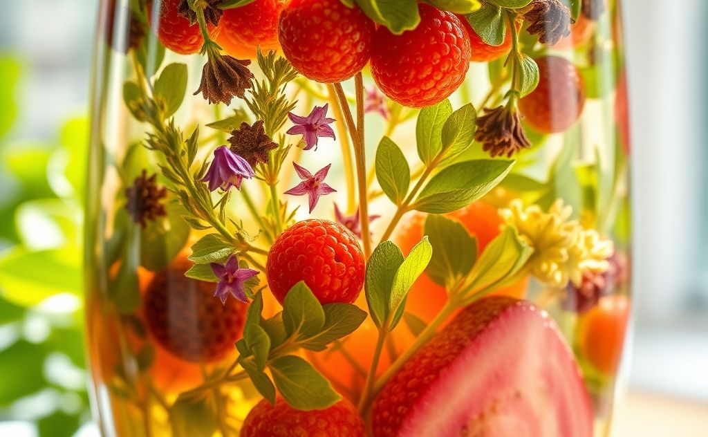 A vibrant display of aromatic herbs and fruits in a glass infusion.