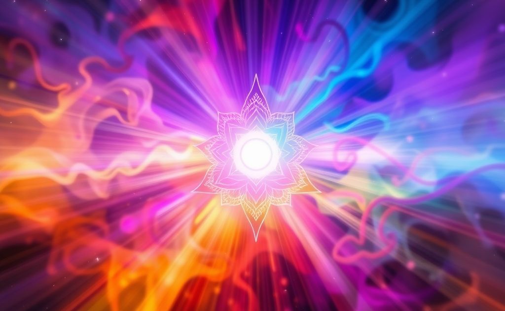 A vibrant display of aura colors radiating from chakra symbols.