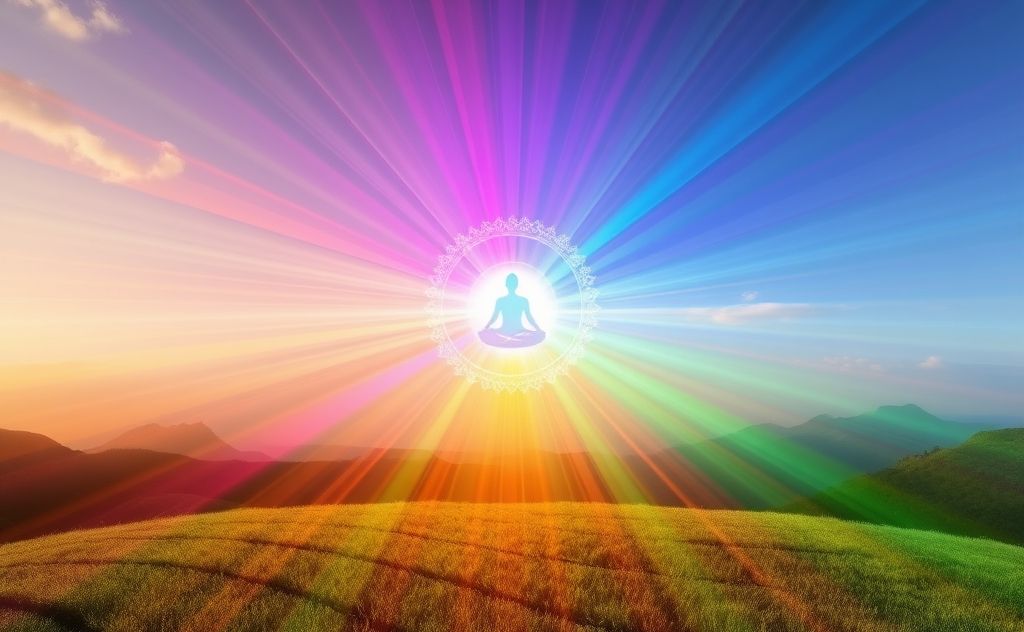 A vibrant display of chakra colors radiating in a serene setting.