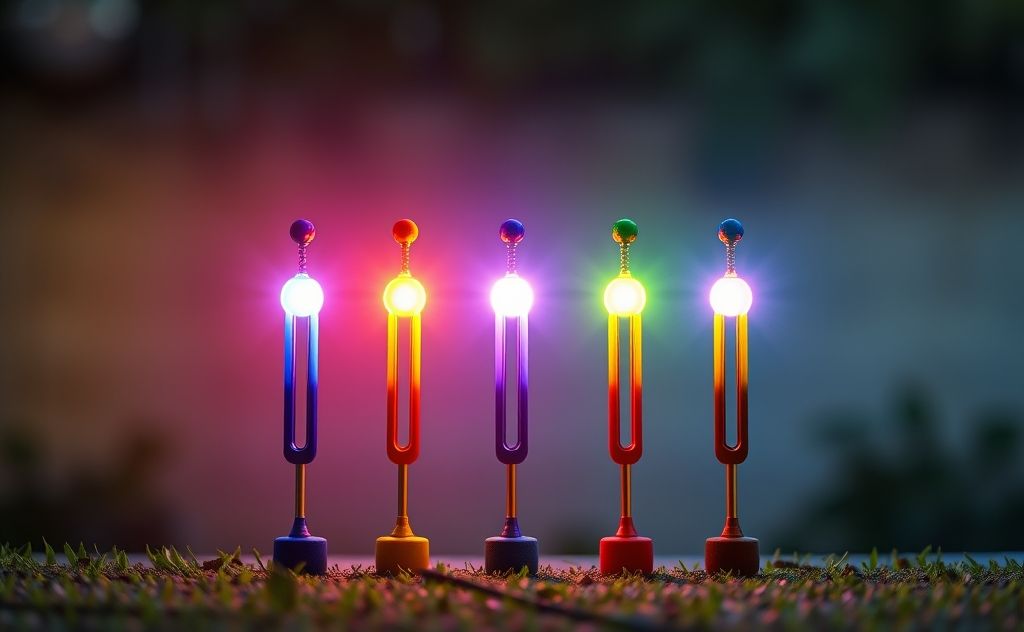 A vibrant display of chakra tuning forks arranged harmoniously.