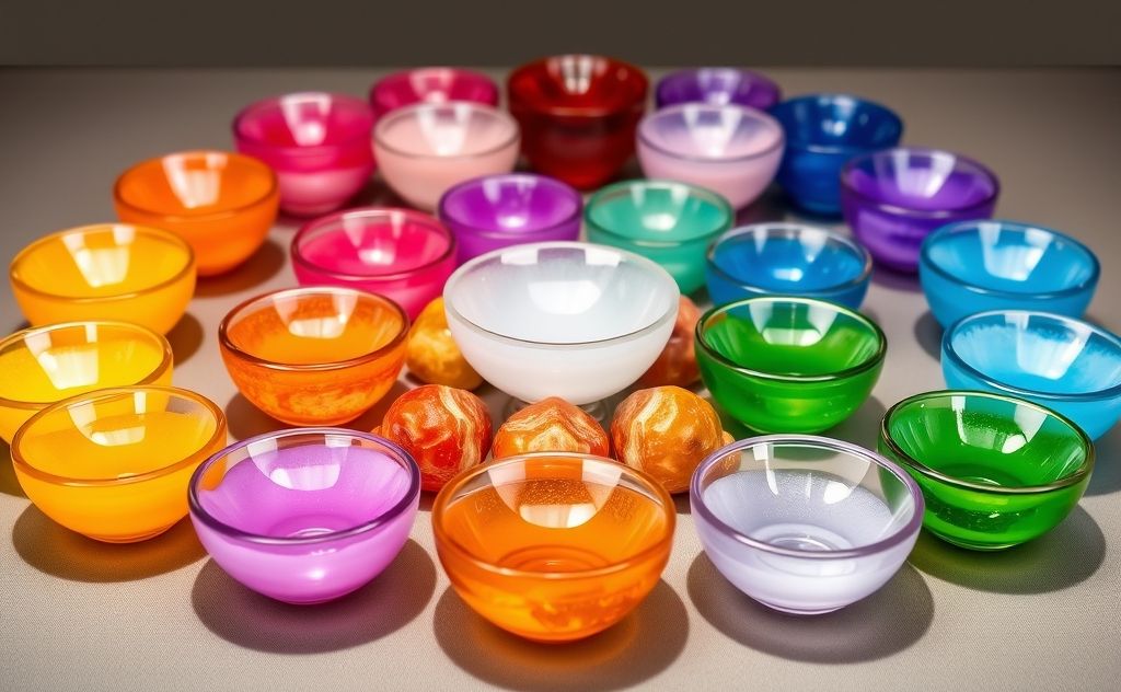 A vibrant display of crystal bowls arranged by chakra colors.