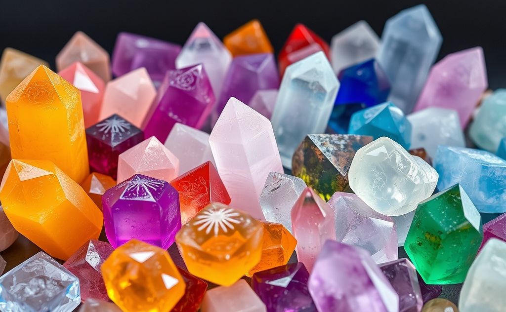 A vibrant display of healing crystals in various colors.