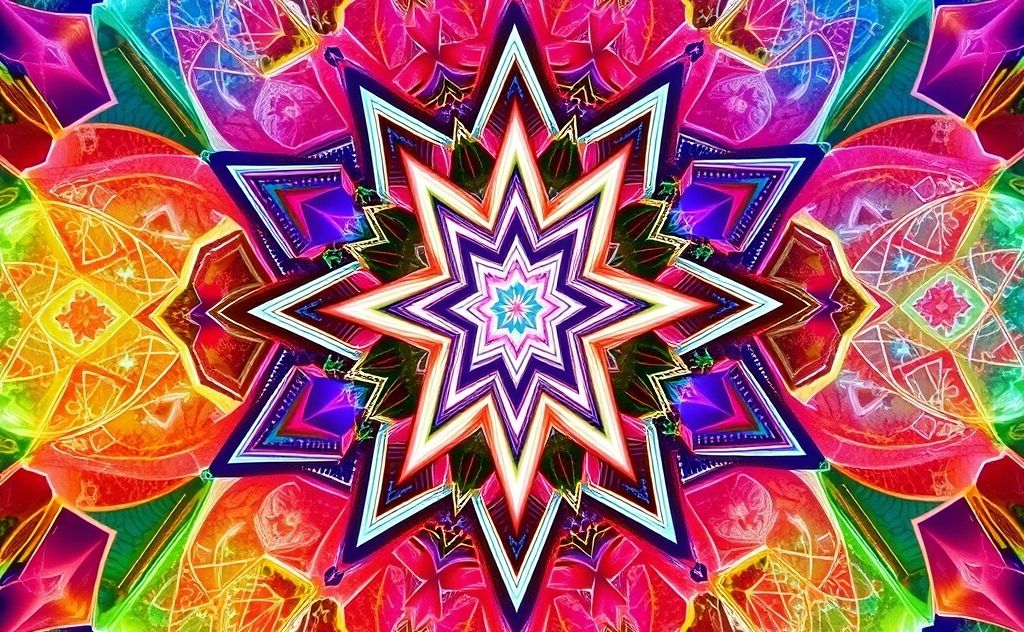A vibrant display of sacred geometry patterns in various colors.