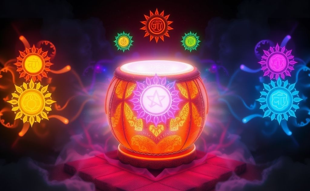 A vibrant drum surrounded by colorful chakra symbols.