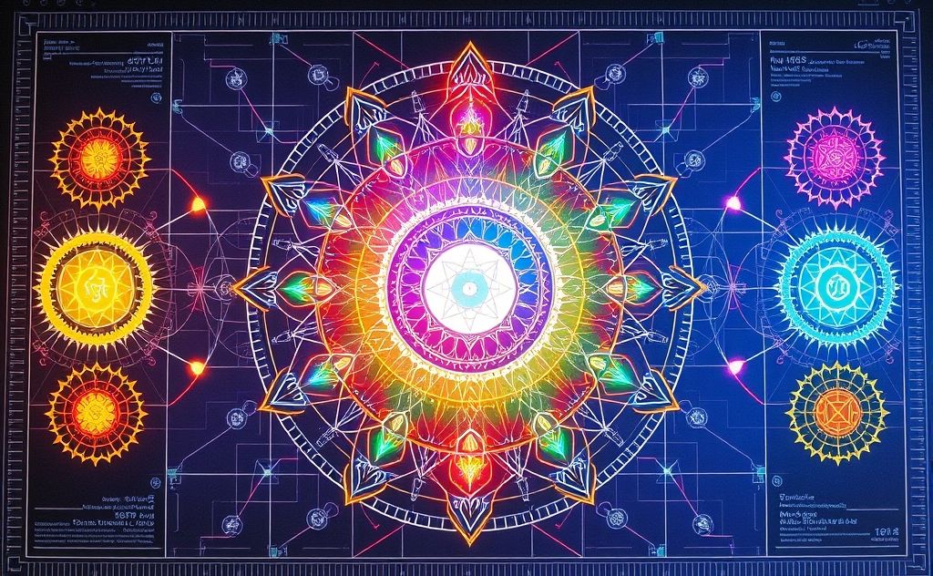A vibrant energy centers blueprint with colorful chakra symbols.
