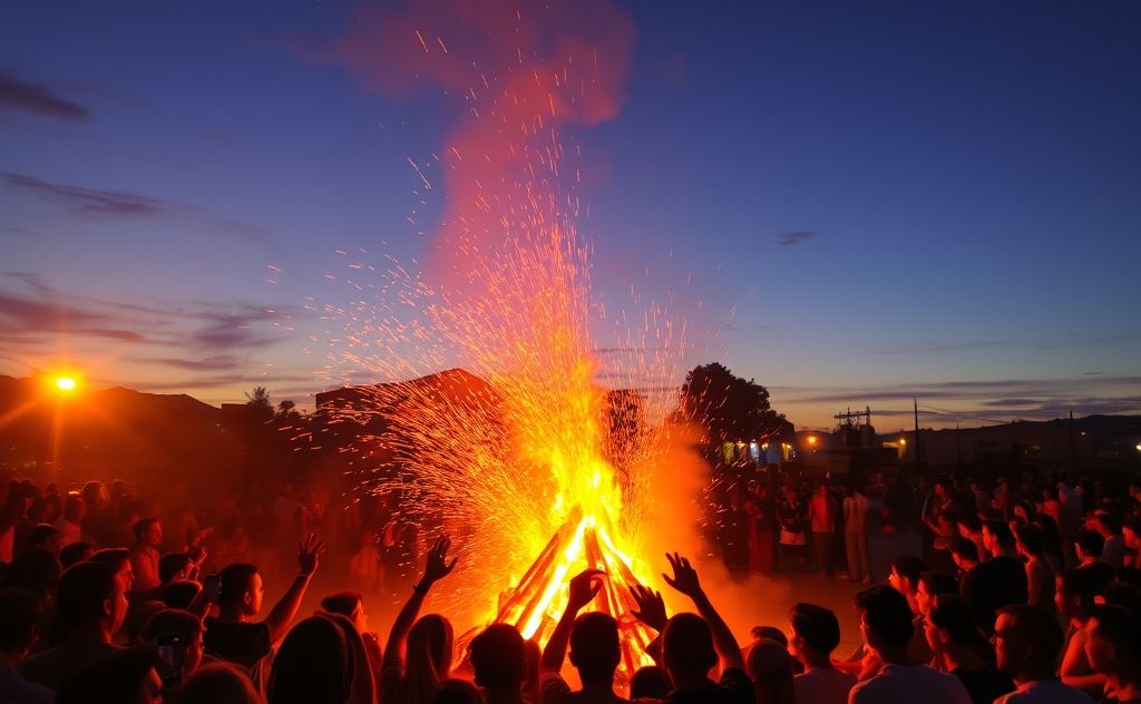 A vibrant fire ceremony with glowing flames and colorful embers.