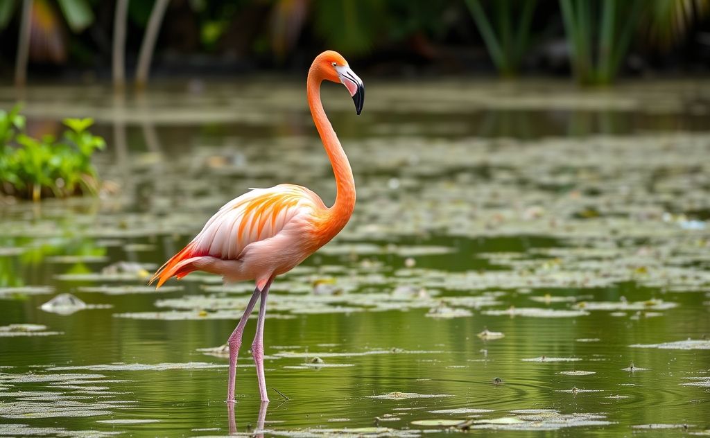 A vibrant flamingo standing gracefully in a tropical wetland.