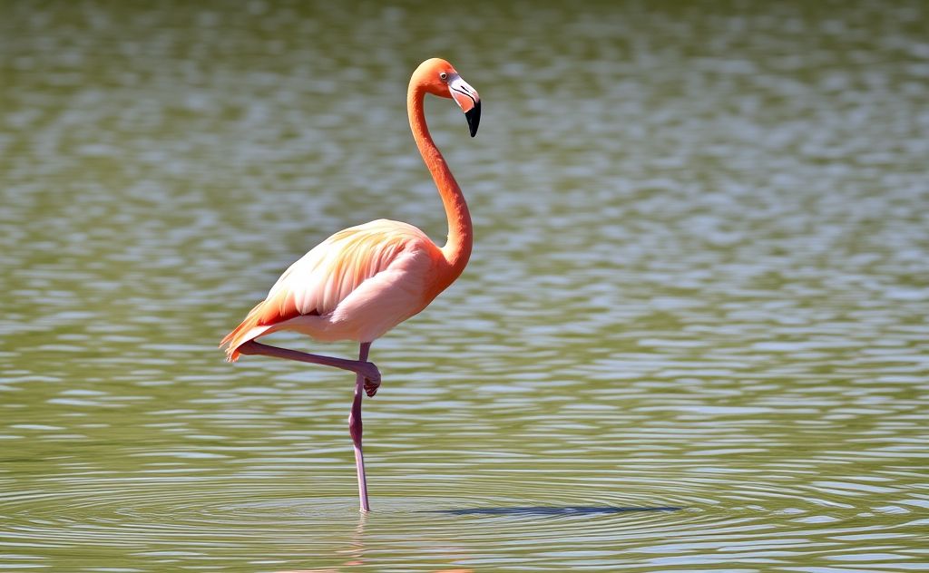 A vibrant flamingo standing on one leg in a serene water setting.