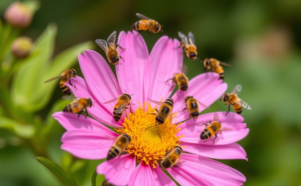 A vibrant flower surrounded by buzzing bees collecting nectar.