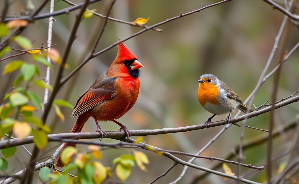 A vibrant forest scene showing a cardinal and a robin among branches.