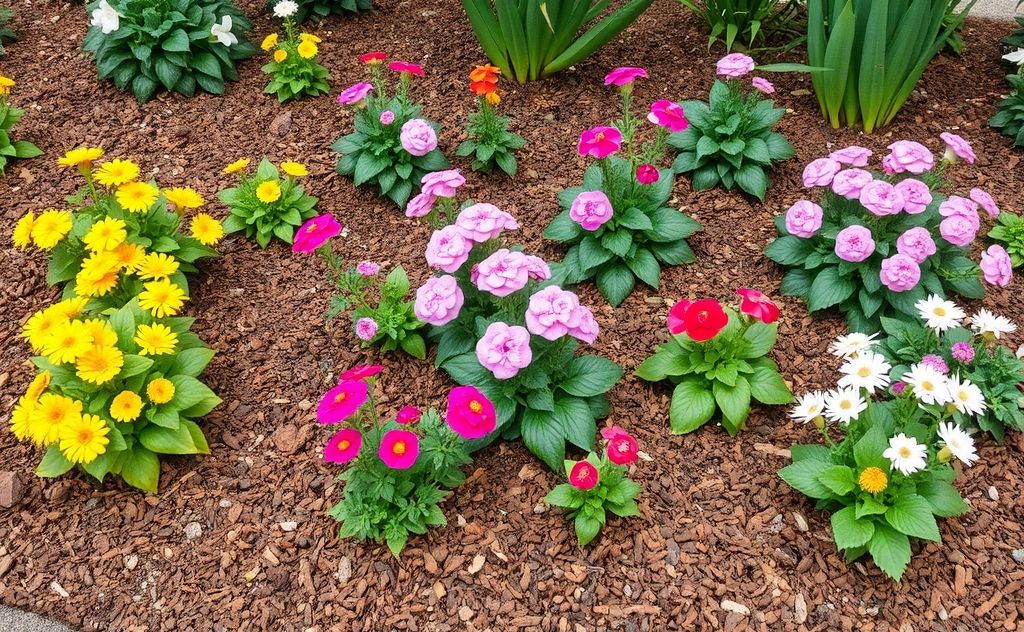 A vibrant garden bed covered with fresh mulch and blooming plants.