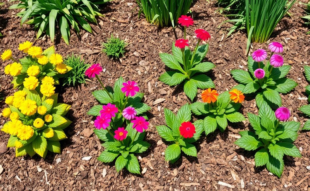 A vibrant garden bed with mulch protecting the soil from sun.