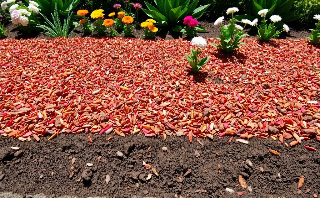 A vibrant garden bed with rich soil and colorful mulch layers.