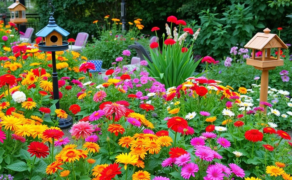 A vibrant garden filled with colorful flowers and bird feeders.