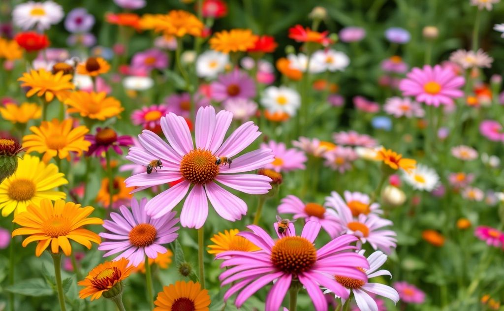 A vibrant garden filled with colorful flowers and buzzing bees.