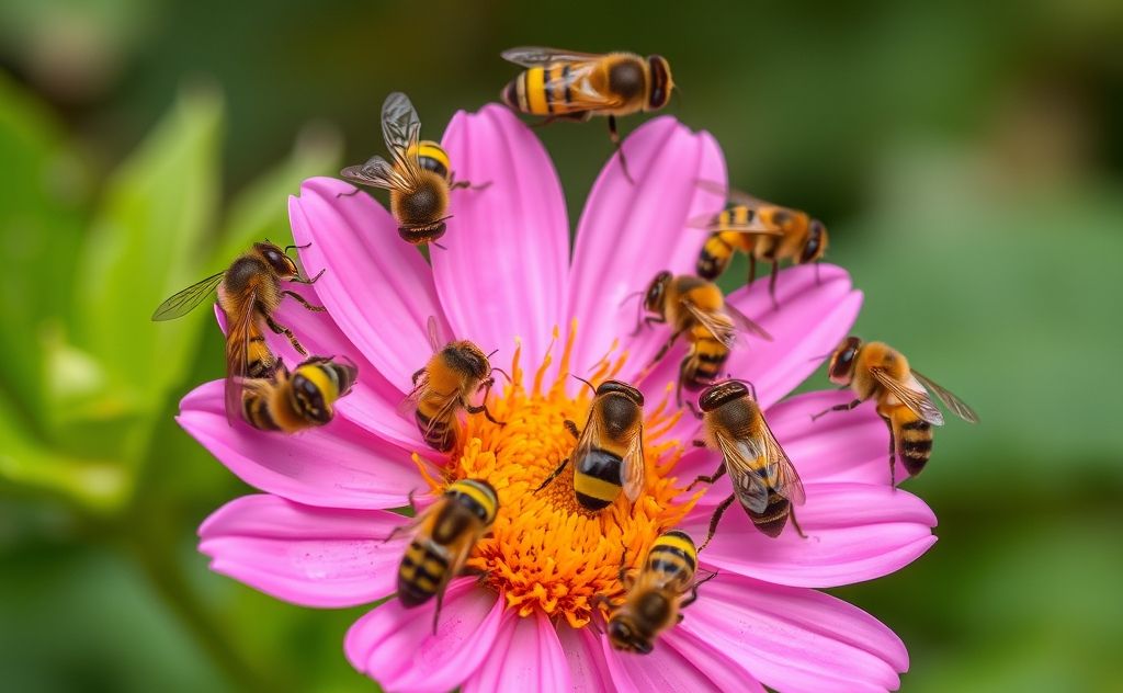 A vibrant garden filled with diverse blooming flowers and bees.