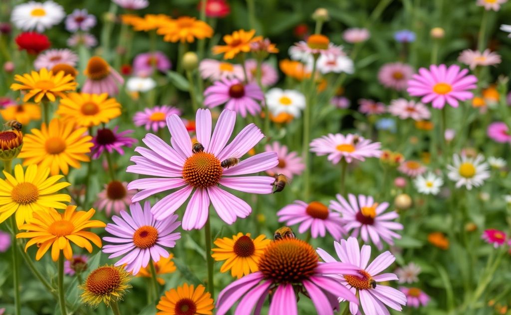 A vibrant garden filled with diverse flowers and busy bees.