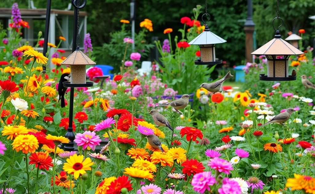 A vibrant garden filled with flowers and bird feeders attracting various birds.