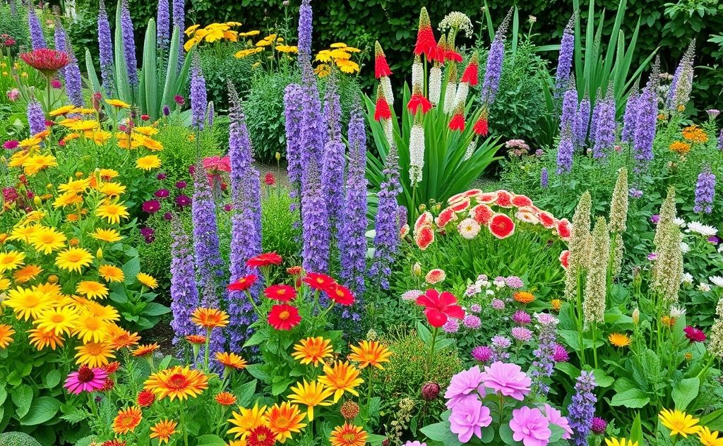 A vibrant garden filled with hardy, low-maintenance plants.