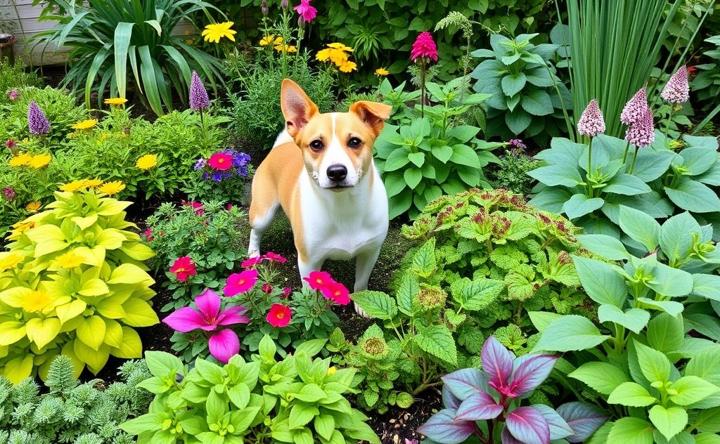 A vibrant garden filled with pet-safe plants and greenery.