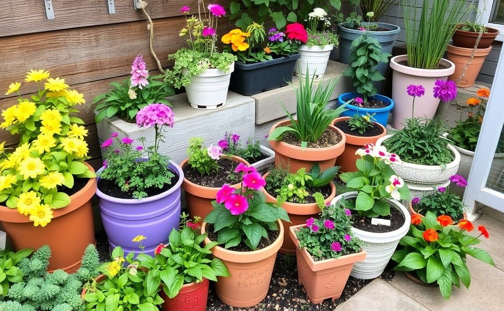 A vibrant garden layout featuring various containers in a small space.