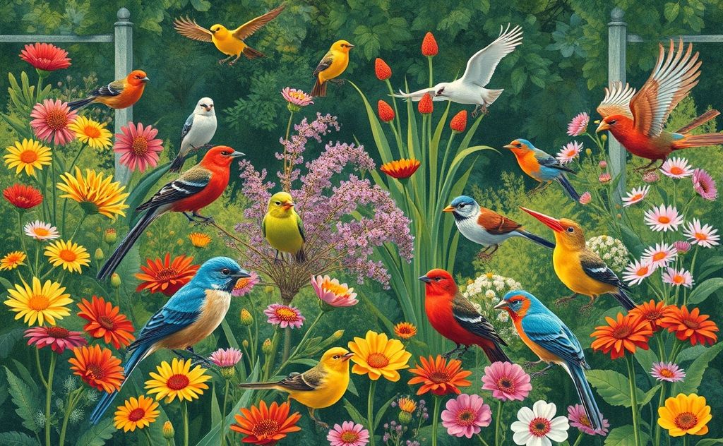 A vibrant garden scene featuring various birds that start with G.