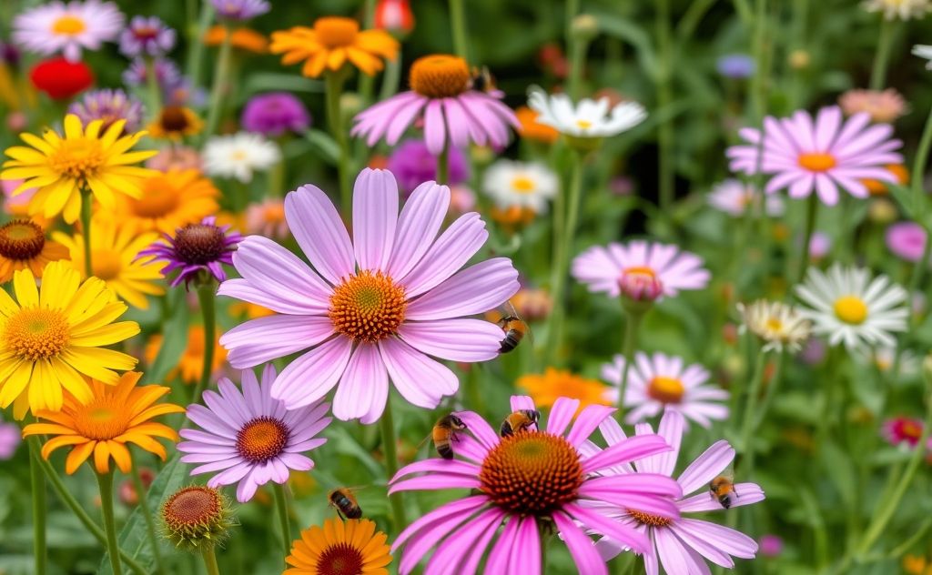 A vibrant garden scene with diverse flowers and busy bees.