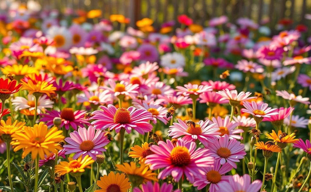 A vibrant garden scene with diverse flowers and buzzing bees.