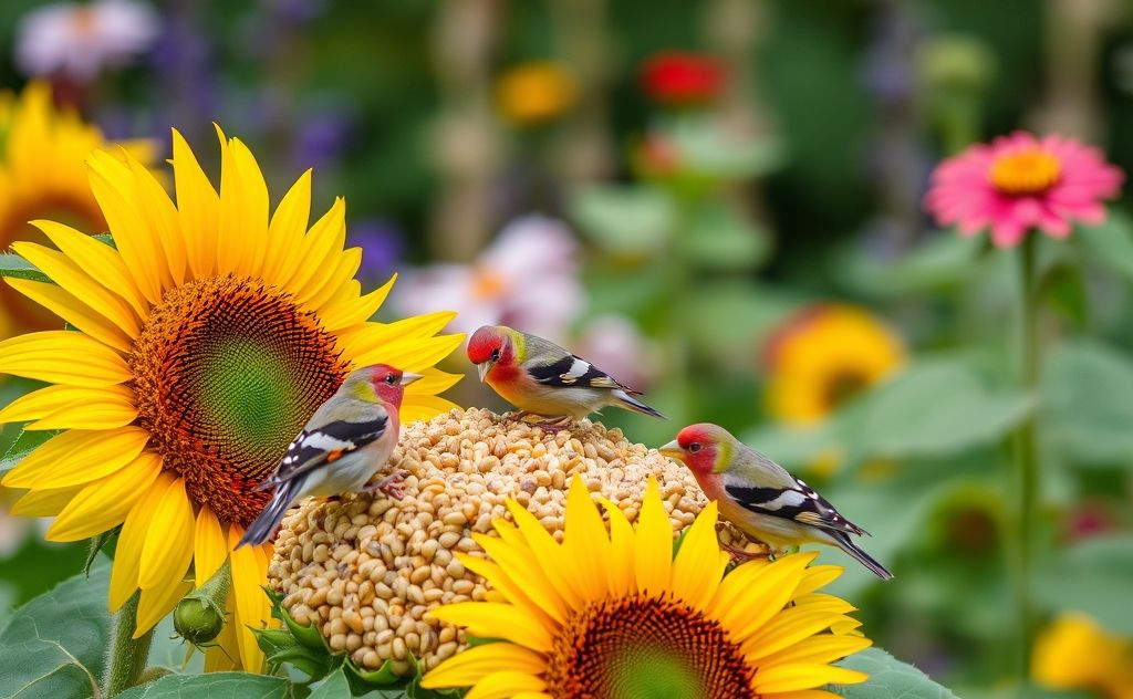 A vibrant garden scene with finches feeding on sunflower seeds.