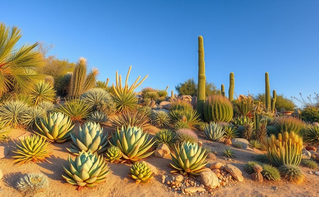 A vibrant garden showcasing various drought-resistant plants.