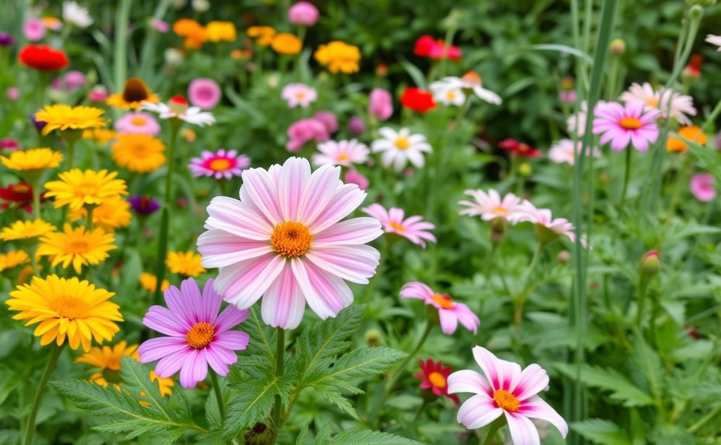A vibrant garden with blooming flowers and healthy plants.