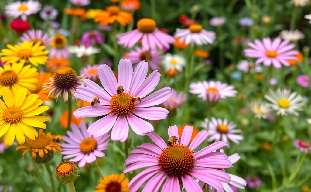 A vibrant garden with diverse flowers and busy bees collecting pollen.