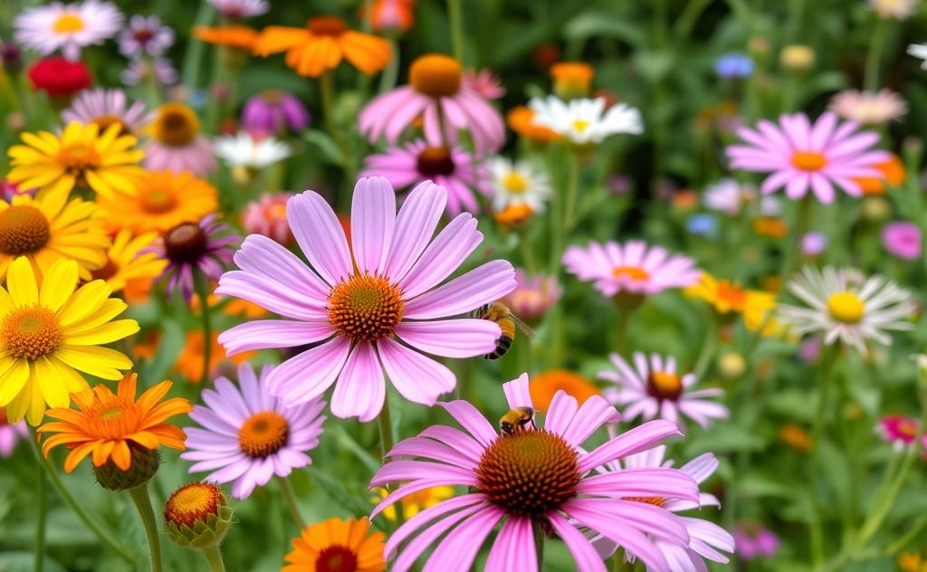 A vibrant garden with diverse flowers and busy bees pollinating.