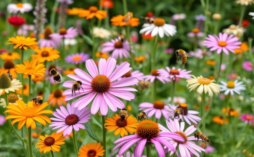 A vibrant garden with diverse flowers attracting various pollinators.