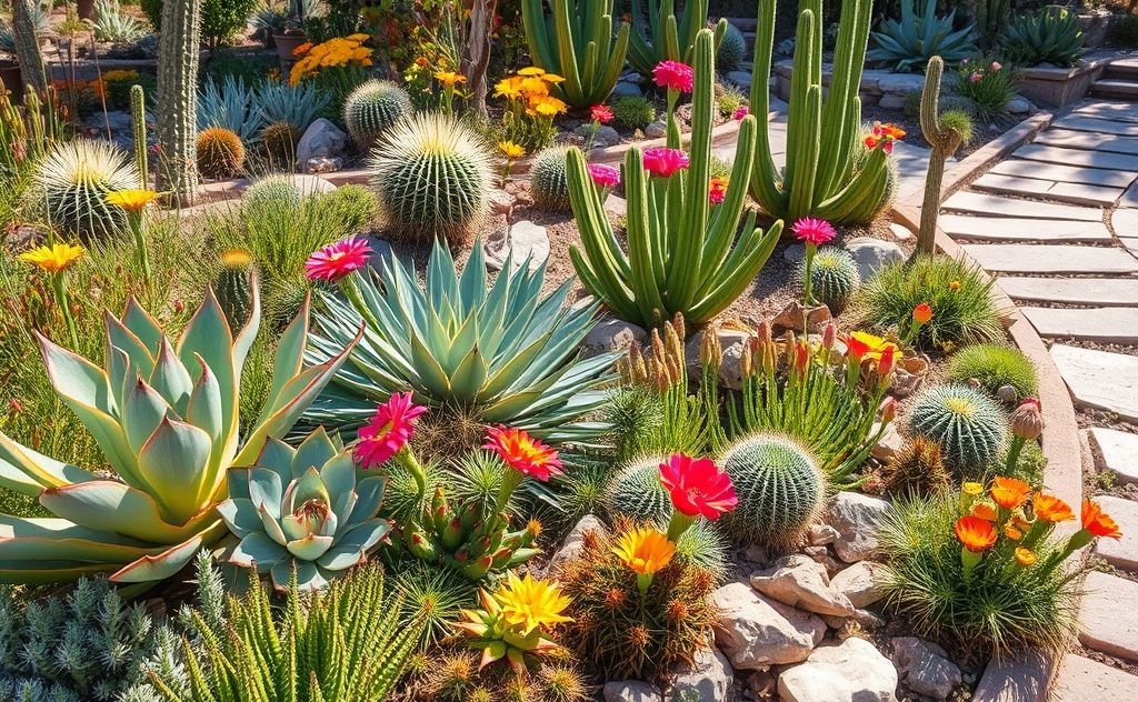A vibrant garden with drought-resistant plants and minimal water use.